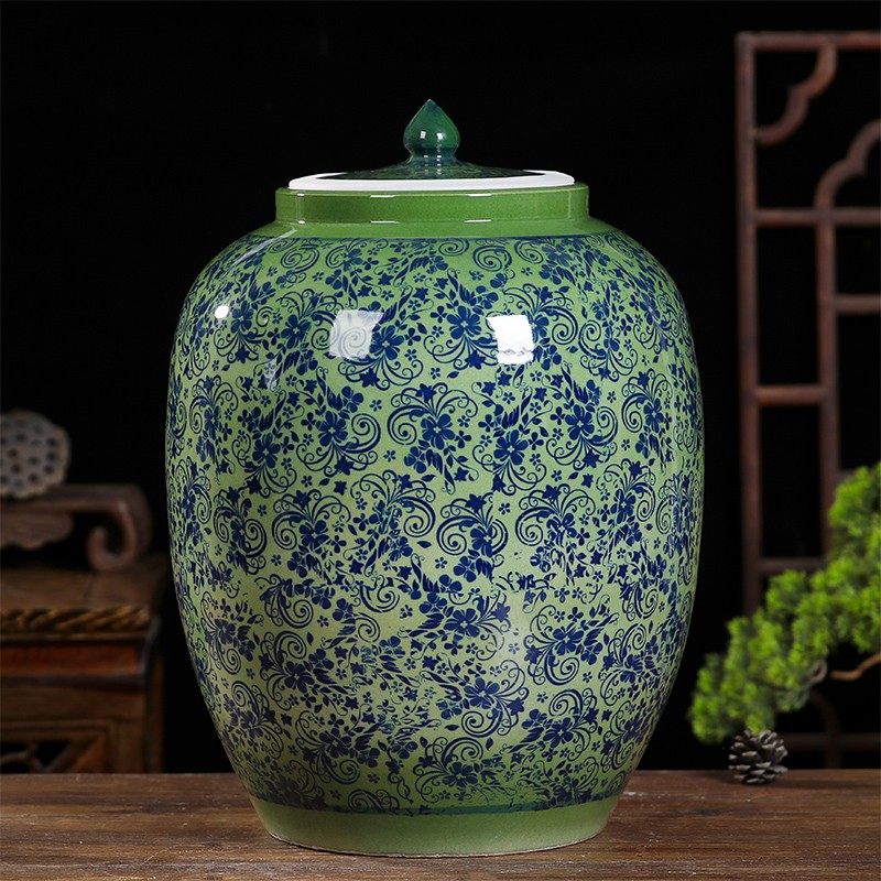 Jingdezhen Ceramic Rice Vat 30 catty 50 catty with lid Thickened Rice Barrel Kitchen Flour Cylinder Home Sealed Storage Tank
