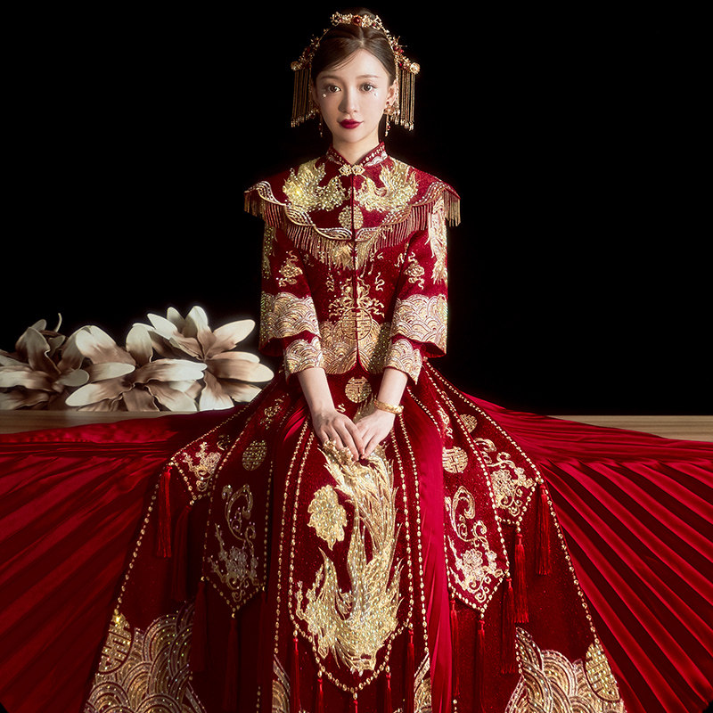 Show Wo Costume Bride 2022 New Wedding Winter Longfeng Vest Wedding Dress Chinese Wedding Suit Show and 2023 Show and kimono 