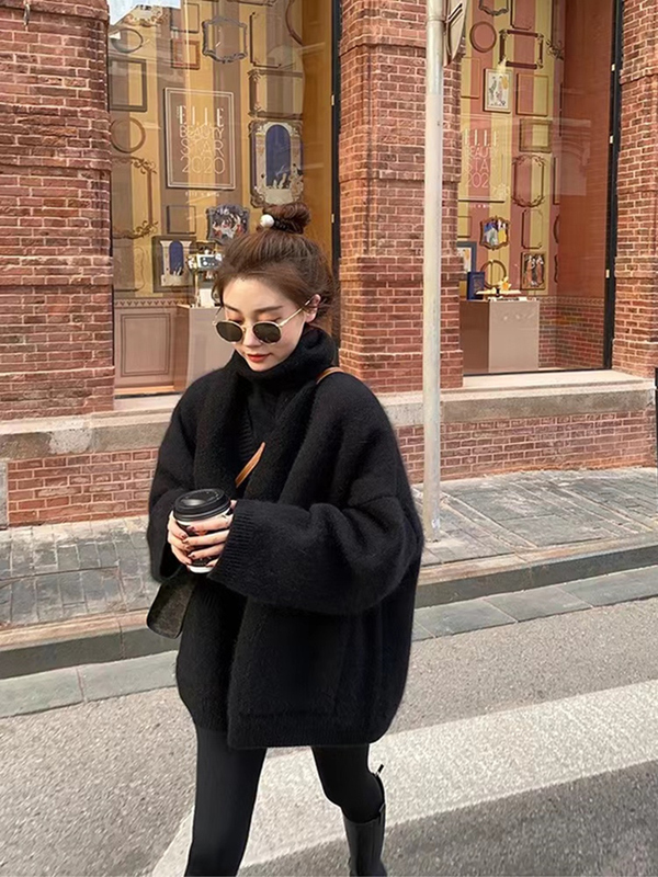 Korean Style Lazy Loose Thick Faux Mink Knit Cardigan Sweater Coat for Women, Autumn and Winter Soft and Cozy Outerwear Top