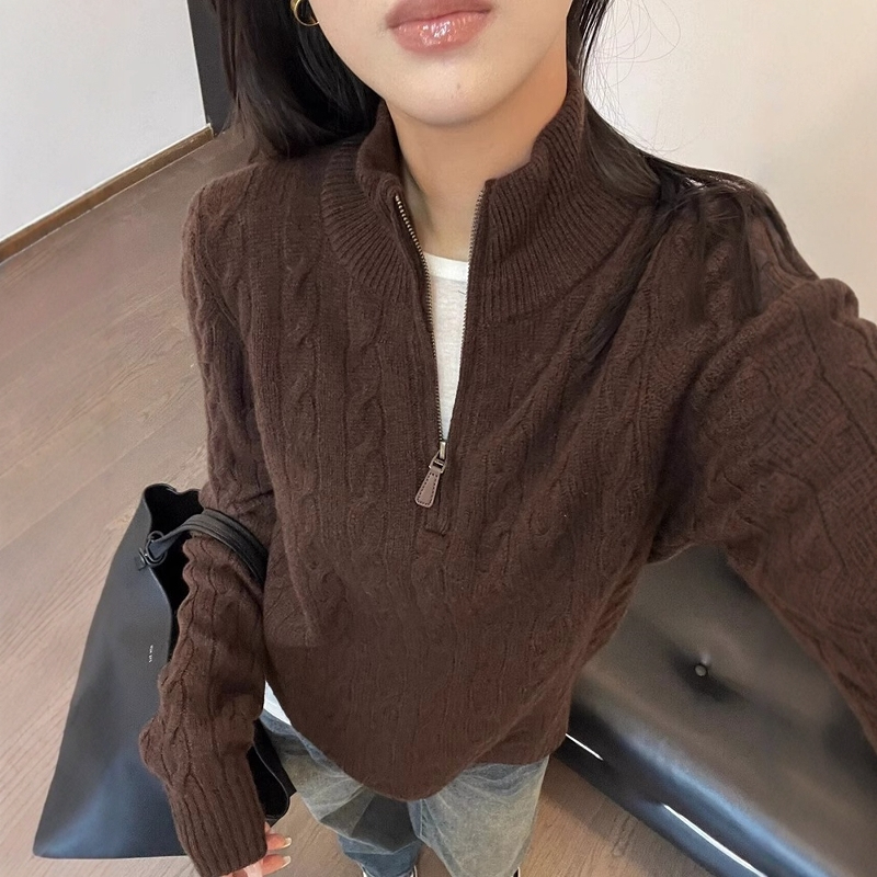Meilade Half-Zip Stand Collar Cable Knit Sweater for Women, Autumn and Winter, High-End Inner Layer Base Sweater, Half-High Collar Top