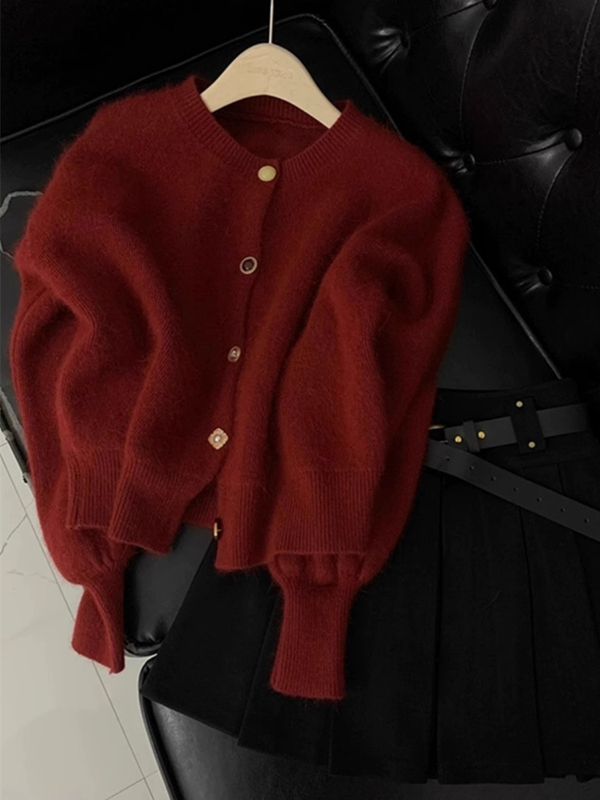 Tweed Style New Year's Burgundy Knitted Cardigan for Women, Autumn and Winter, High-End, Soft and Waxy Imitation Raccoon Fur Sweater Jacket Top