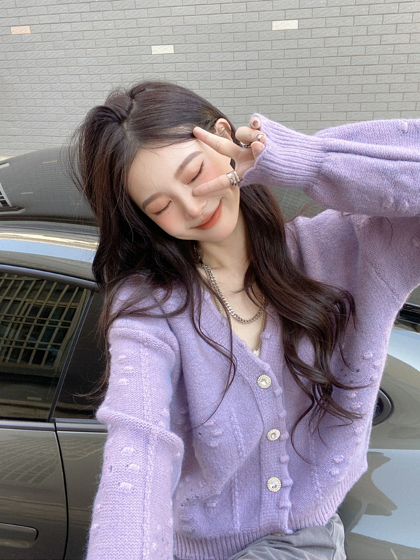 Taro Purple V-Neck Knitted Cardigan for Women, Thin and Gentle for Autumn, Soft and Fluffy Lantern Sleeves, Hollow-Out Sweater Jacket Top