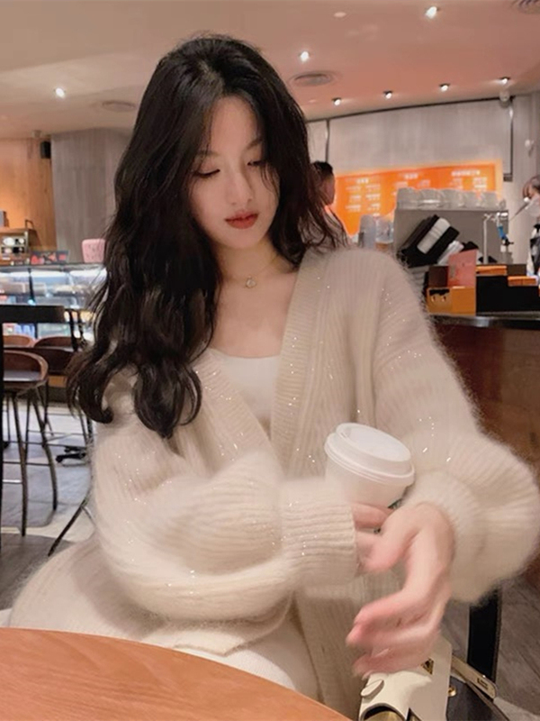Fairy Mohair Shiny Knit Cardigan 2026 Spring and Autumn Gentle Outerwear Loose Lazy Style Sweater Coat