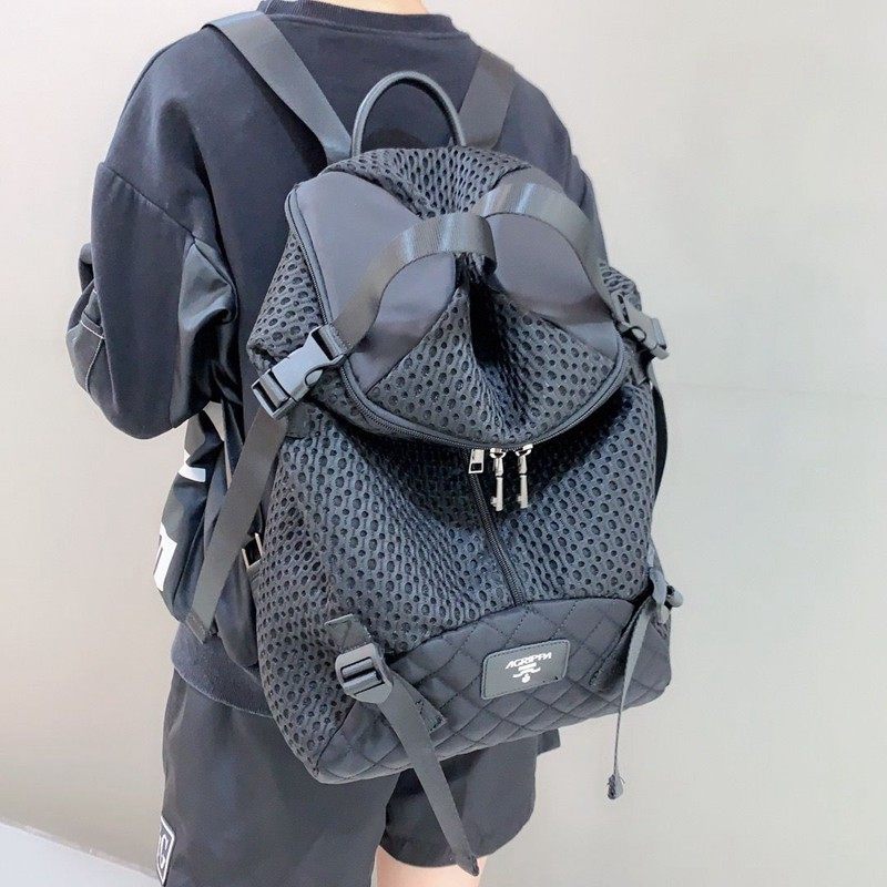 2022 new mesh double zipped head double shoulder bag individuality fashion large capacity outdoor travel bag trendy neutral bag