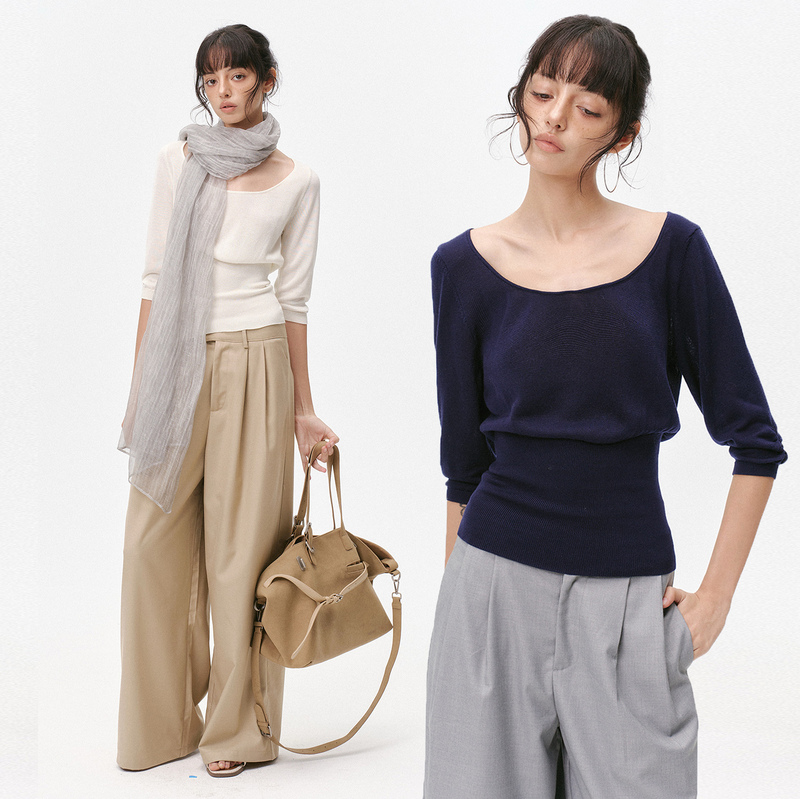 Hoyden Park New Vintage Versatile Mulberry Silk Wool Large U-Neck Waist-Slimming Knit Wool Base Layer