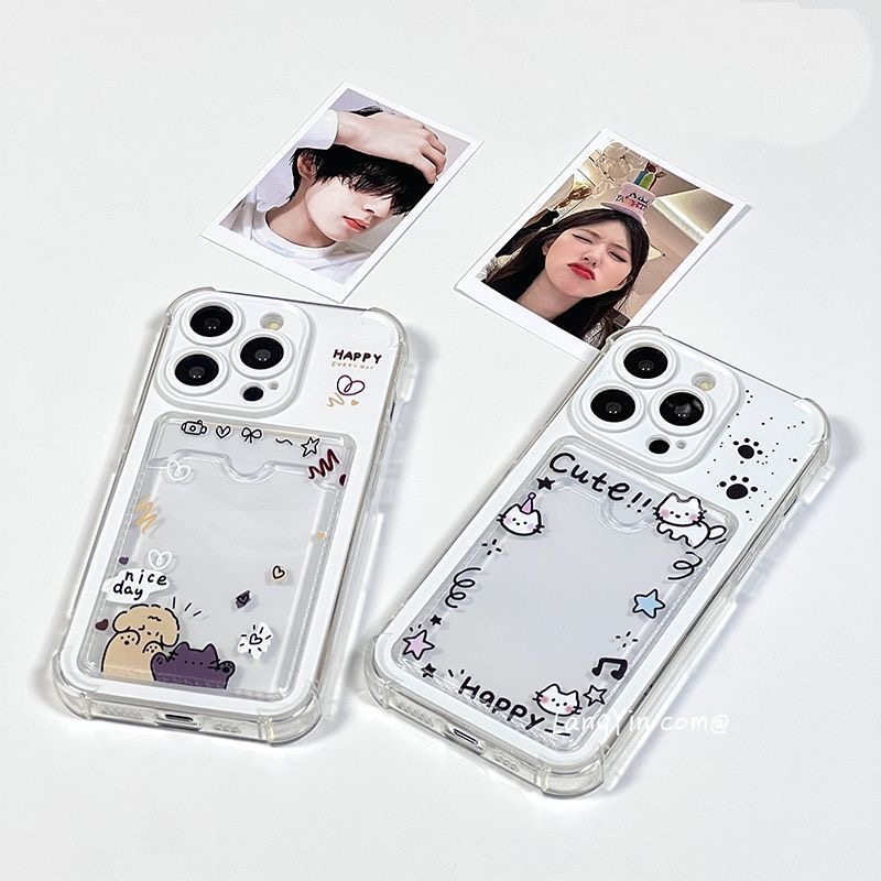 Cat and Dog Couple Card Holder Case Can Hold Polaroid Photos, Suitable for Apple 17/16 Pro Max Phone Case, 15/13 Soft Rubber, 11 Full Coverage, X/Xs Shockproof
