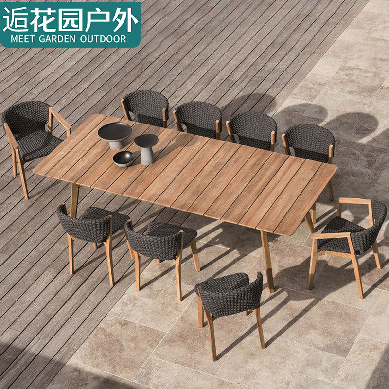 Teak outdoor table and chairs courtyard square table solid wood small garden terrace dining table long table rattan weaving sun room leisure rattan chair