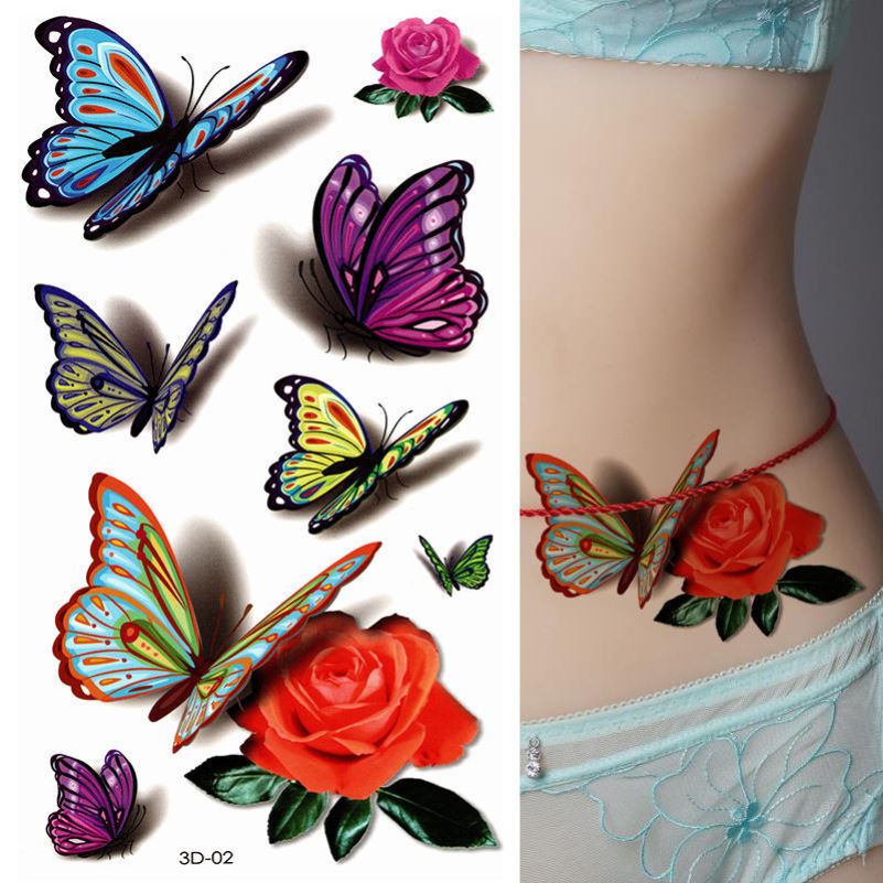 Butterfly Rose Sexy waterproof emulation Persistent female section Tattoo Sticker 3D Tattoo Sticker solid C-section Skin Scar