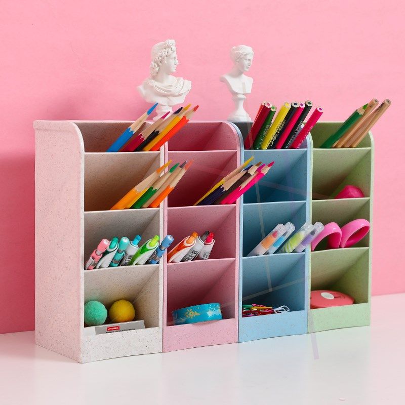 Qingmu red slanted pen holder storage box multi-functional stationery four grid pen holder large capacity 3