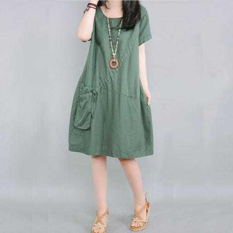 Cotton and linen loose dress women cover belly to show thin short-sleeved women's 2022 new summer large size women's fat MM top