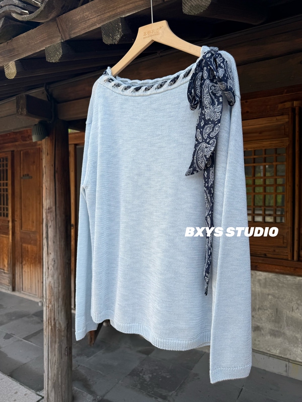 Benzhangyisi 2026 Spring New Style Off-Shoulder Silk Scarf Loose Knit Sweater Top for Petite Women