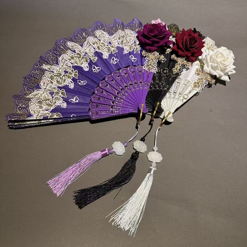 Original Handmade Butterfly Fan, Purple Fan, Lace Lolita Prop, Handheld Folding Fan, Ancient Style Palace