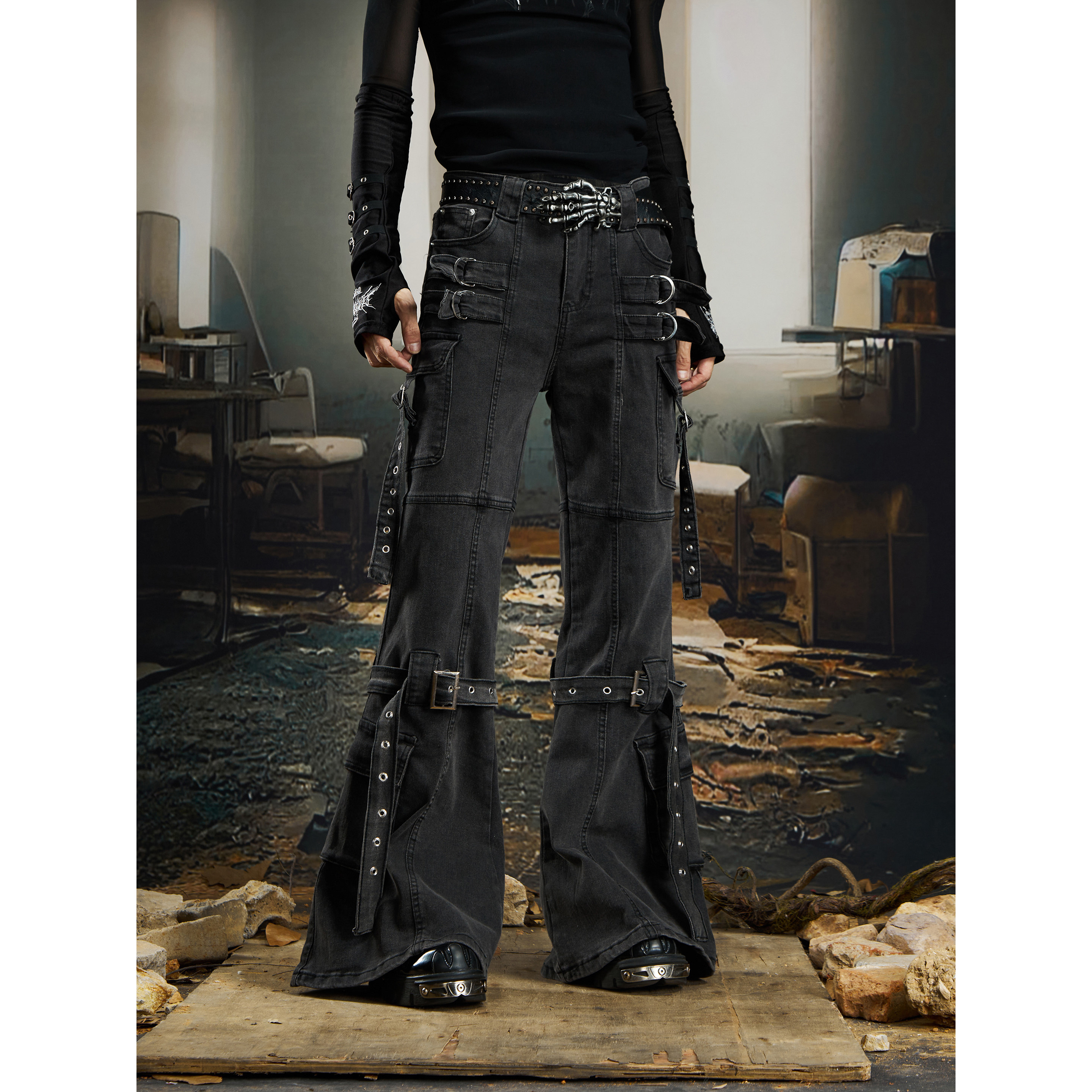 Deserted Island Dark Niche Y2K Deconstructed Patchwork Ribbon Flared Jeans for Men and Women