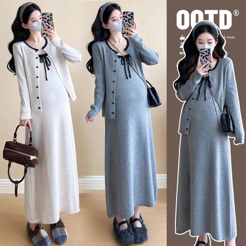 Maternity Dress 2025 New Early Autumn Maternity Knitted Two-Piece Set Vest Long Skirt Spring and Autumn Sweater Set