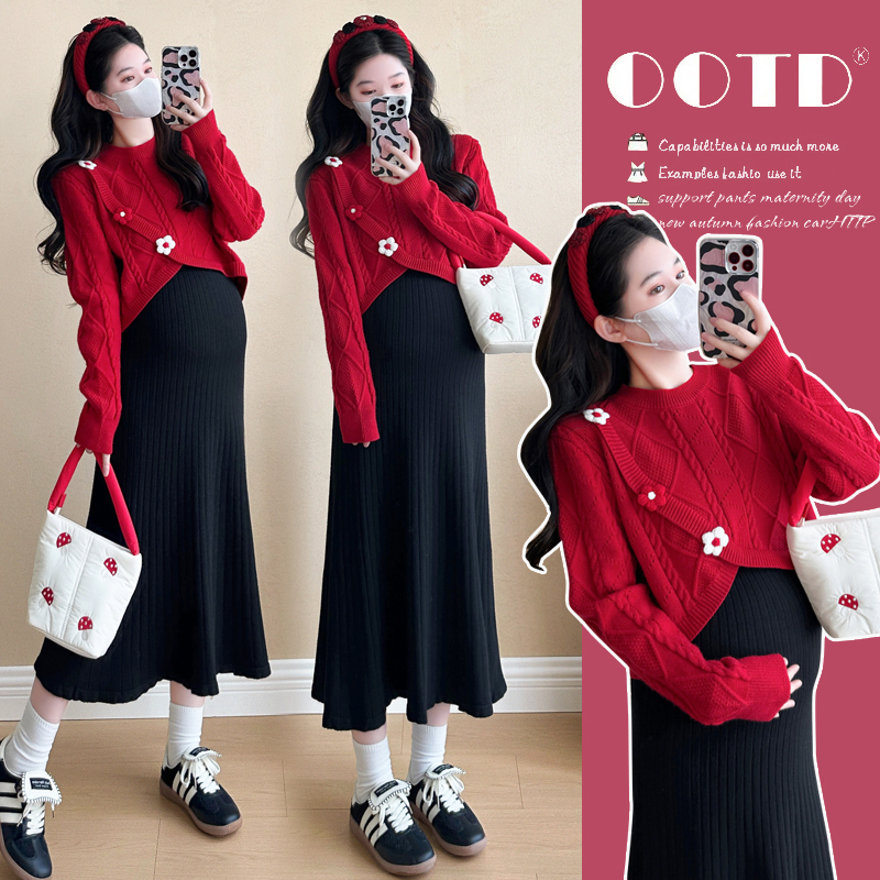 Maternity Dress Red 2026 New Maternity Wear Knitted Skirt Sweater Top Autumn and Winter Two-Piece Suit