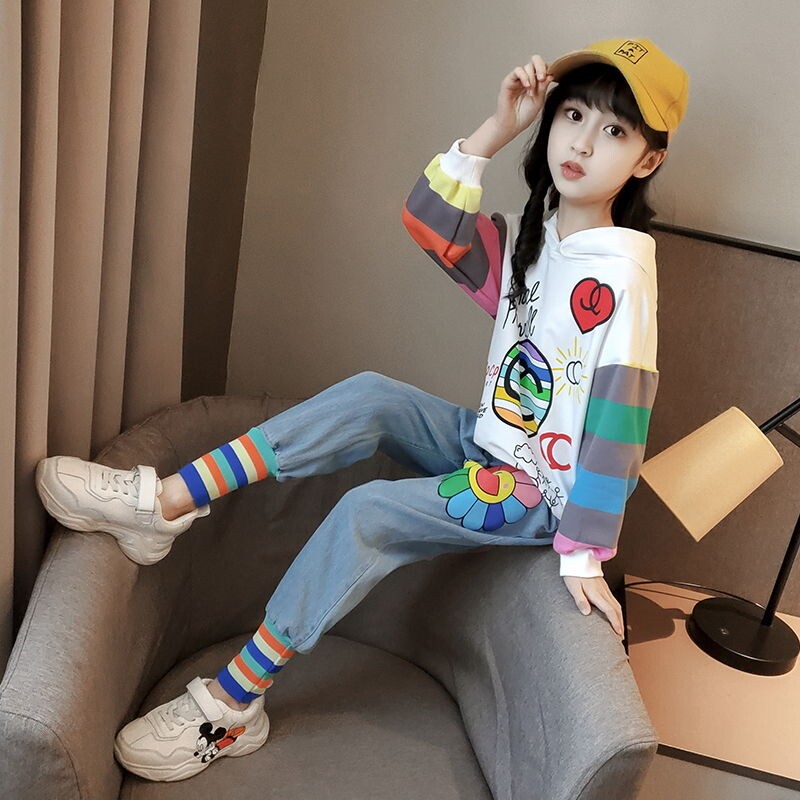 Girls autumn suit foreign style 2021 new Korean version of the big children's sports rainbow sweater children's net red two-piece set