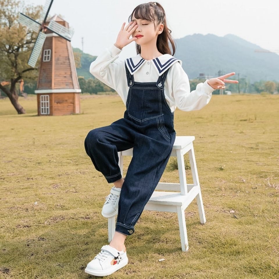 One piece set Girls overalls suit spring and autumn 2022 new middle and big children's denim pants children's overalls