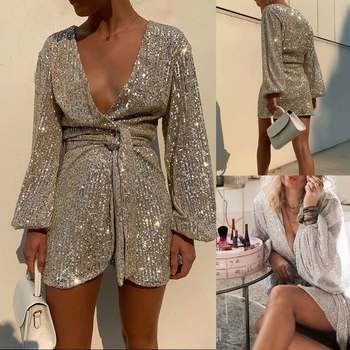 Sequins Dress Aliexpress New Product, Elegant and Sexy New Long-Sleeved V-Neck Tie Sequin Dress for Women