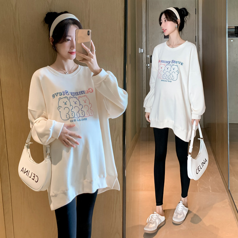 Fashion gestational pregnant woman plus velvet clothing autumn and winter 2021 new round collar medium hitch in pregnant woman