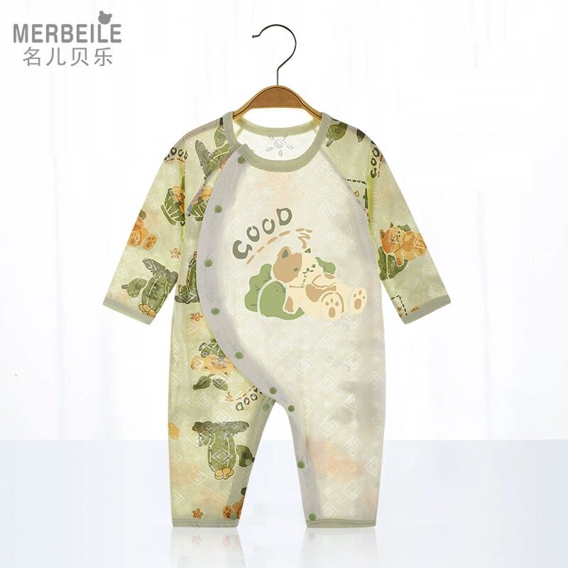 婴儿连体衣夏季睡衣服竹纤维宝宝凉感薄款长袖空调服哈衣爬服夏装