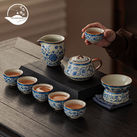 ROADMAKER中式汝窑青花瓷繁花功夫茶具家用办公送礼高档礼盒套装