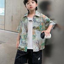 Official flagship store Peak Penguin 361 boys floral shirt short-sleeved summer wear 2024 new loose medium and large childrens rest