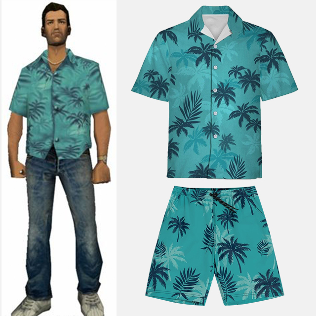Gta Vice City Shirt Tommy Floral Shirt Men's Hawaiian Style Coconut Palm Leaf Beach Seaside Vacation Wear