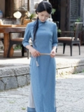 Ретро синее легкое ципао, 2023, светлый стиль, осеннее