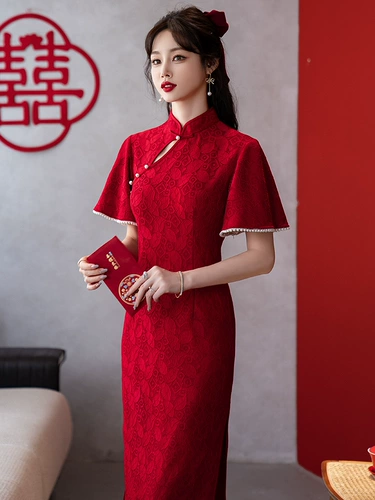 Красное вечернее платье, ципао, осеннее, китайский стиль, подходит для подростков, изысканный стиль