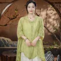 New summer style loose literary retro buckle mid-length top 1095