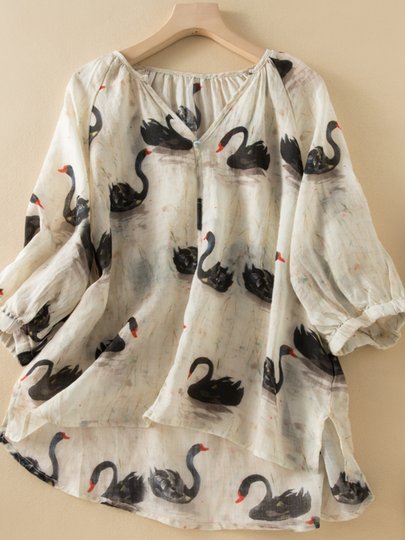 Летняя новинка: тонкая рубашка с рукавом до локтя, принтом лебедя, V-образным вырезом, из хлопка и льна, свободного кроя, для женщин.