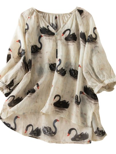 Летняя новинка: тонкая рубашка с рукавом до локтя, принтом лебедя, V-образным вырезом, из хлопка и льна, свободного кроя, для женщин.