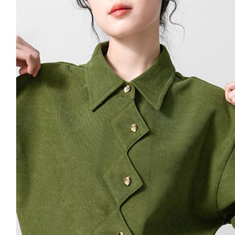 Hong Kong Style Green Retro Polo Collar Long-Sleeved Shirt for Women 2025 Spring and Autumn New Style Asymmetrical Design Shirt Trend