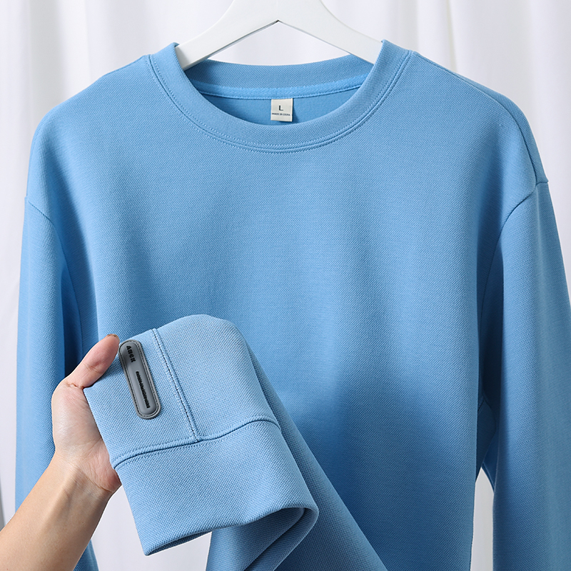 Can't say it like light blue heavy pound pearl ground cotton round collar male pure color loose and comfortable long sleeve blouses-Taobao