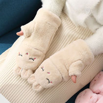 Version coréenne de gants de peluche mignons femelles hiver poilu et chaud épaississement dhiver demi-doigt tourné X plus couvercle de gant de coton