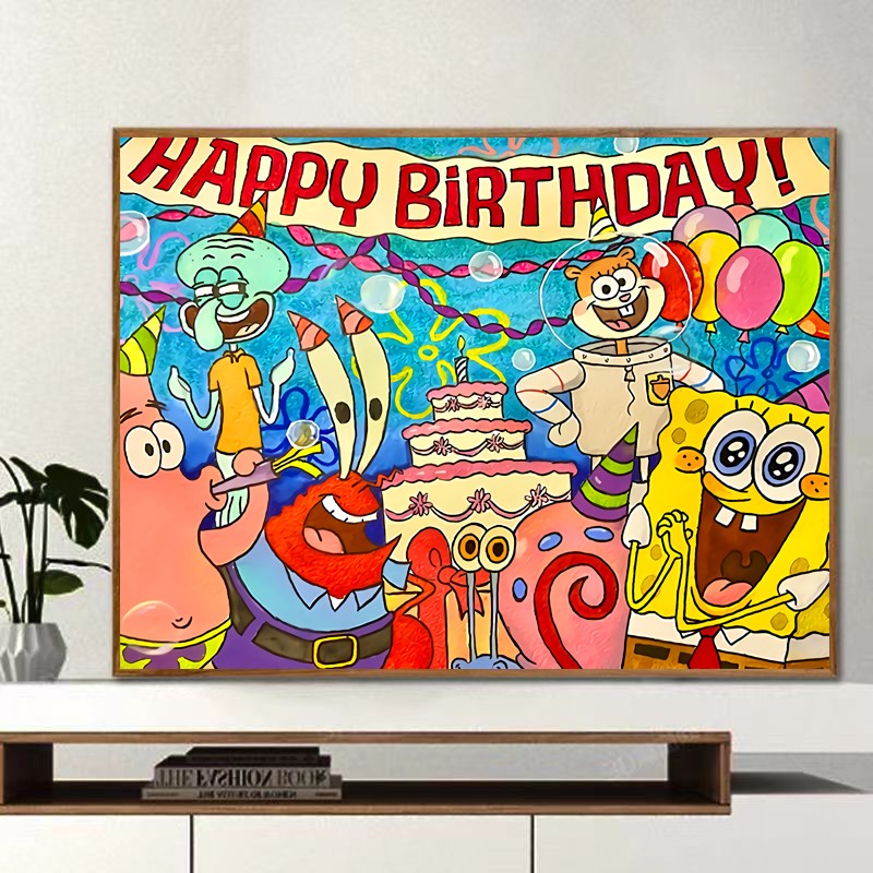 Sponge Baby Fullfamily Fortune Digital Oil Painting Diy Oil Color Painting Happy Birthday Propylene Graffiti Fill Cartoon Animation-Taobao