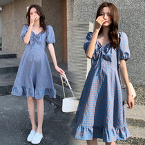 Pregnant woman summer dress dress with dress Korean version small frescoed plaid bubble sleeveless gas gestation woman with summer suit net red medium length