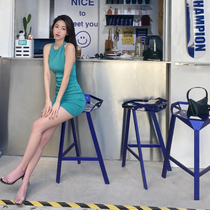 Net Red Klein Blue Bar Bench Customised High Foot Round Stool Can Be Superimposed Lift Bar Chair Light Lavish Iron Art Cafe Chair