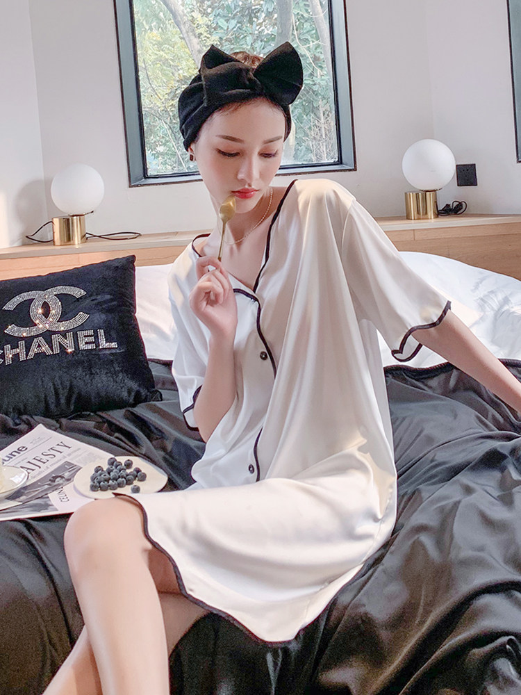 Pajamas women's summer 2021 new ice silk thin section sexy summer high-end mid-length silk nightdress summer