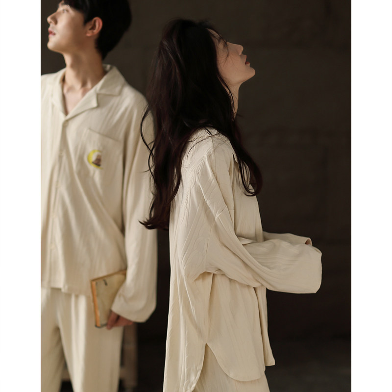 Lovers pyjamas women's spring and autumn models with long sleeves thin section Korean version loose house men's jacquard autumn and winter day two style suits