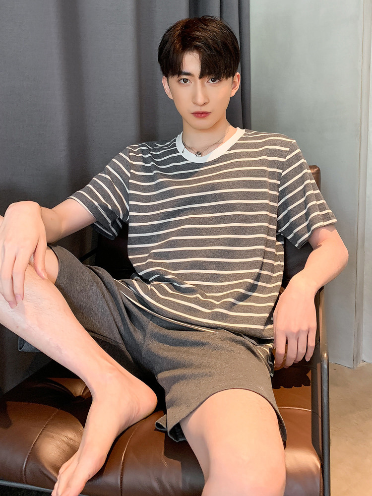 Pajamas men summer cotton-dyed stripes sports youth simple large size cotton men's home clothing set