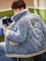 Mens Pajamas Winter Thicken Plus Suede Coral Suede Three Layers Clip Cotton Padded Jacket Winter Style Warm Flannel Sumpsuit Sumpsuit Man