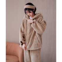 Coral Suede Pajamas Woman Winter Thickened with Flannel Cap Zip Warm Flannel Suede Two Suits Autumn Winter Home Clothing