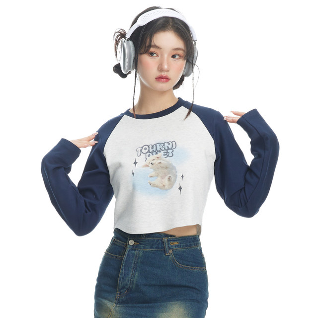 TNQT Broken Heart Band-Aid Fitted Short Round Neck Pullover Cute Ins Jumping Puppy Inside Designed Long Sleeves