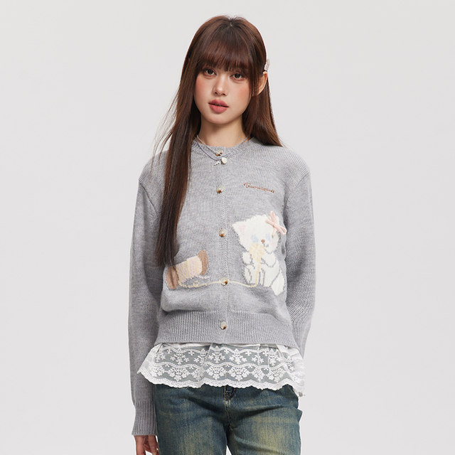 TNQT Heartbreak Band-Aid Kitten Pull-On Cardigan Sweater Women's Loose Lazy Design Knitted Jacket