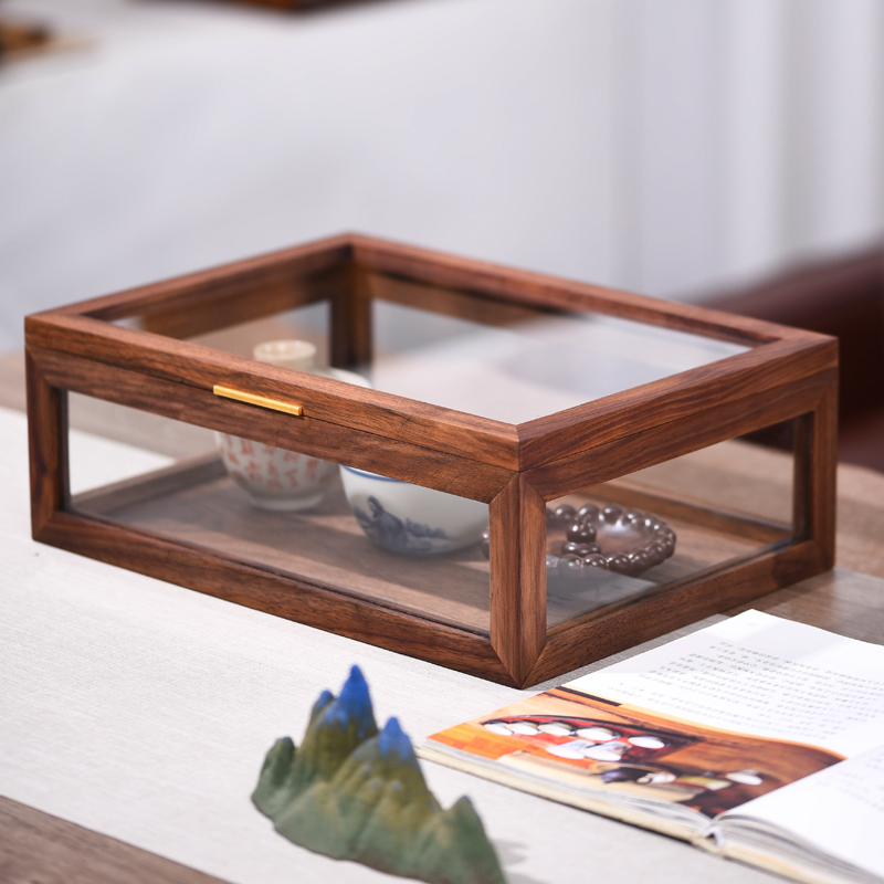 North American black walnut dust-proof transparent five-sided glass tea set display box jewelry storage solid wood display box