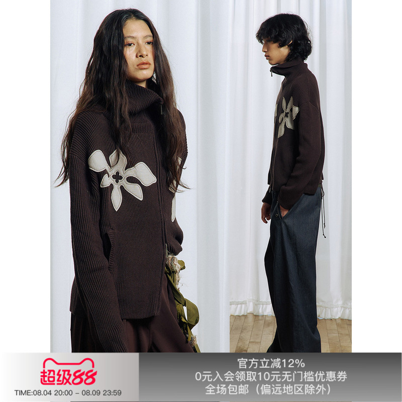 Apriority Aiyana's Everlasting Floral Applique High-Neck Diagonal Zipper Sweater Jacket