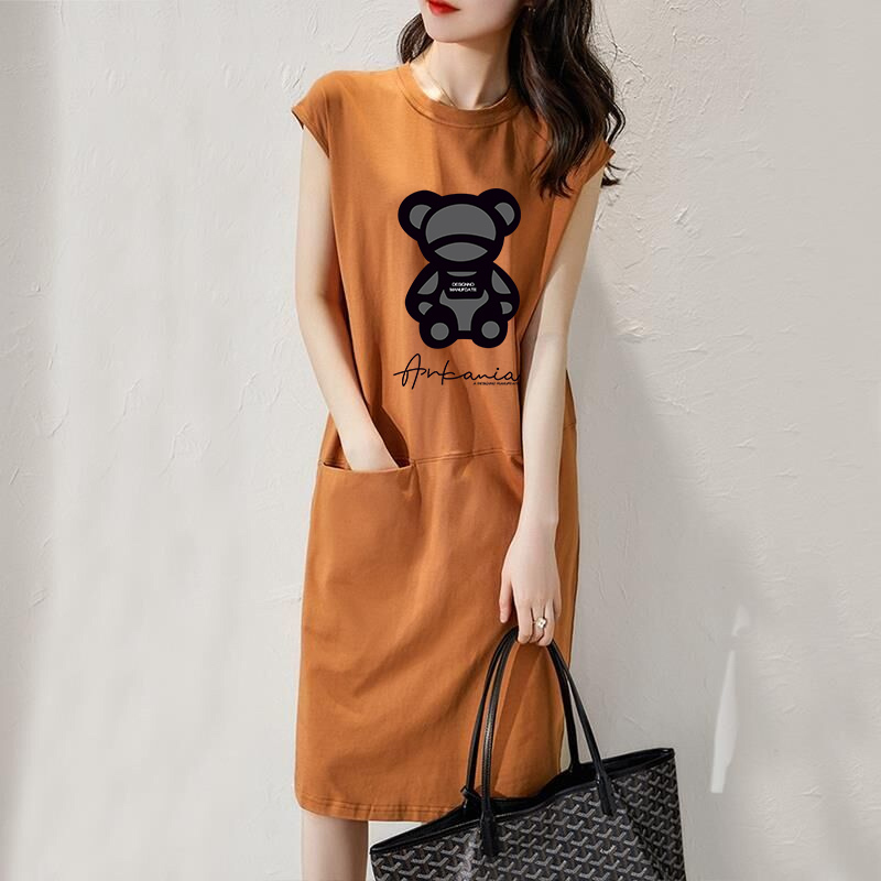 Women's 2026 Summer New Maternity Wear Sleeveless Shoulder-Padded Dress Over-The-Knee Mid-Length T-Shirt Loose Fairy Dress ins