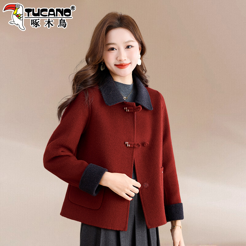 Woodpecker Double-Sided Cashmere Women's Coat 2025 New Autumn and Winter Stylish Short Woolen Coat for Moms in Red