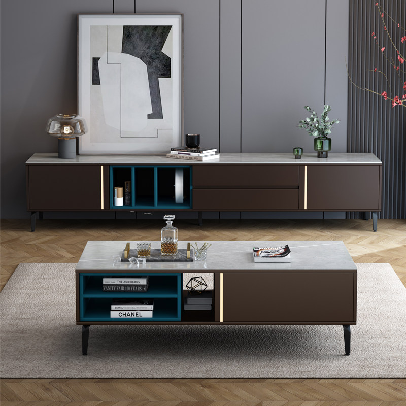 Slate tea table TV cabinet combination living room small apartment light luxury modern minimalist household rectangular TV cabinet